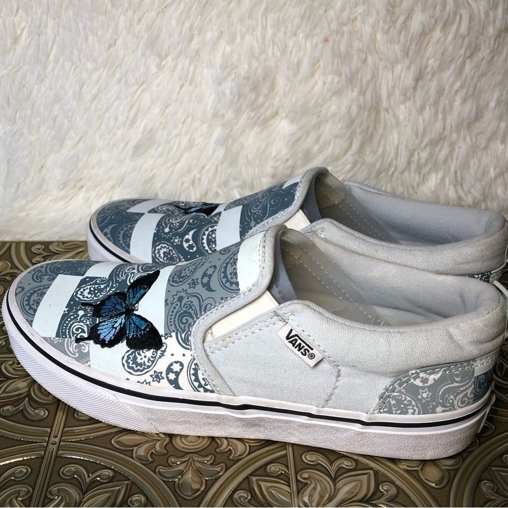 Vans Slip-On Patchwork Sneakers - White and Blue with Butterfly Missy 5 - Picture 12 of 16